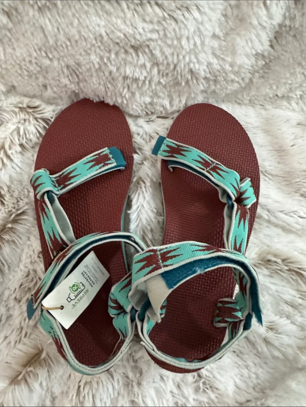 Teva Women’s Turquoise Patterned Strap Sandals with Burgundy Footbed